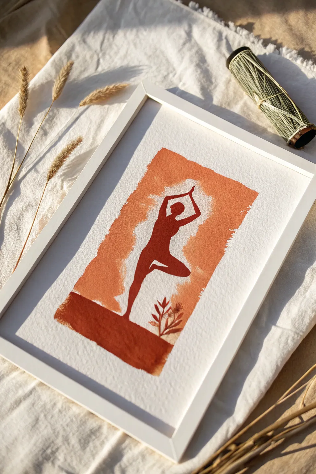 Bold color block with a calm yoga silhouette in negative space, simple and striking.