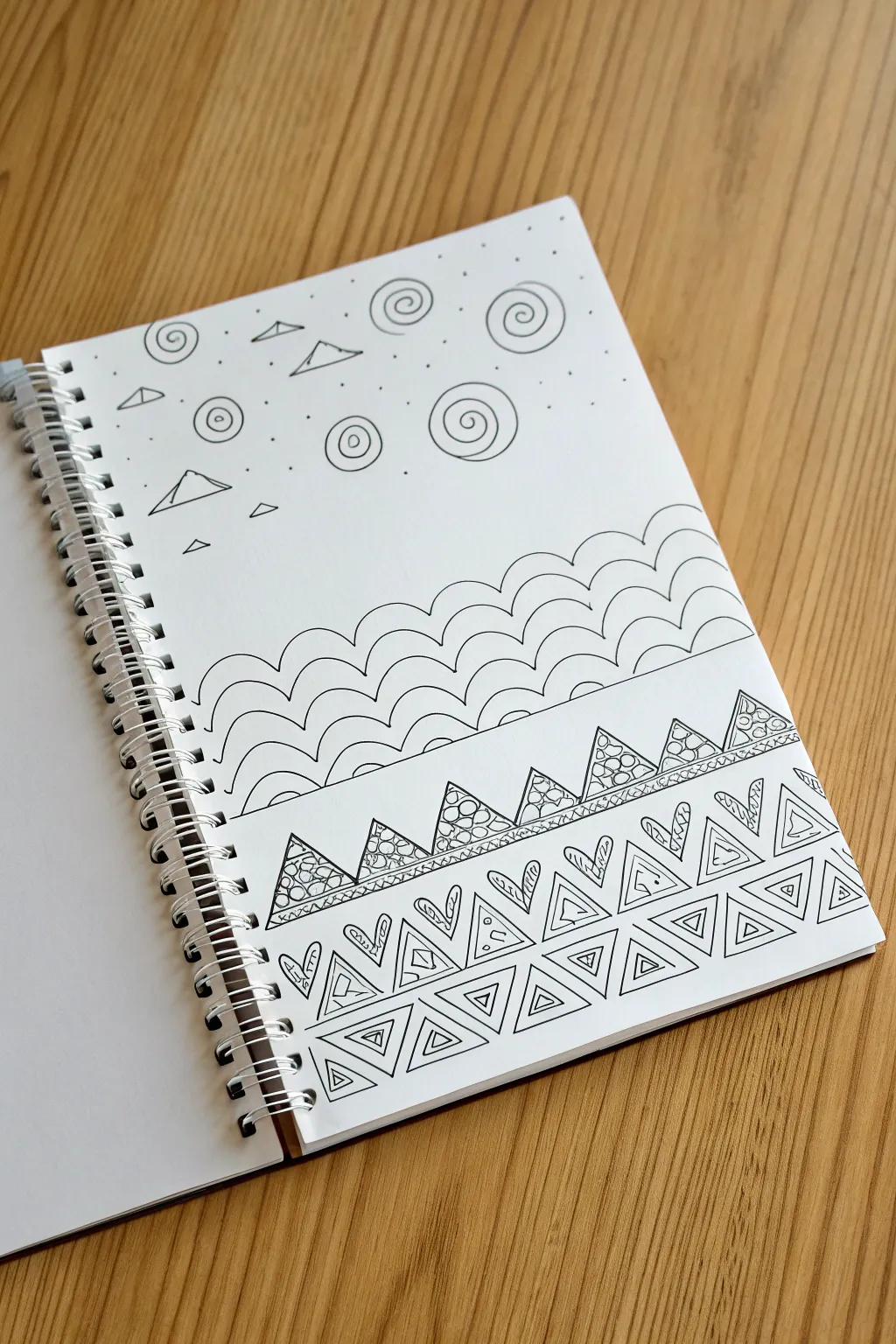 Calm doodle landscape with zentangle patterns, perfect for 10-year-old drawing practice.