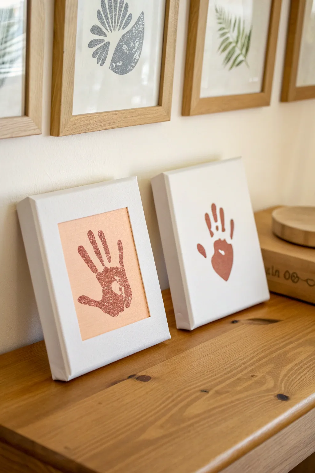 Two matching canvases: minimalist negative space hands reaching across a calm, modern gap