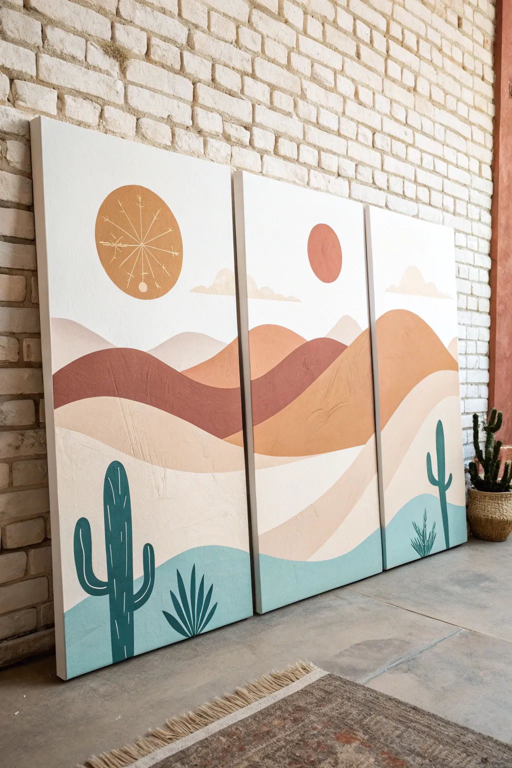 Desert Bloom triptych in warm sand tones with a crisp teal accent, sunlit and minimalist