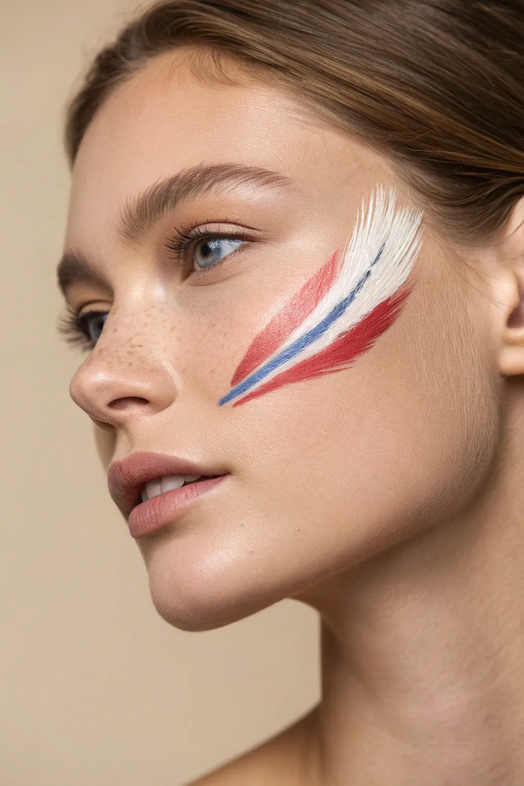 Simple patriotic feather sweep cheek paint in red white and blue, minimal and Pinterest ready