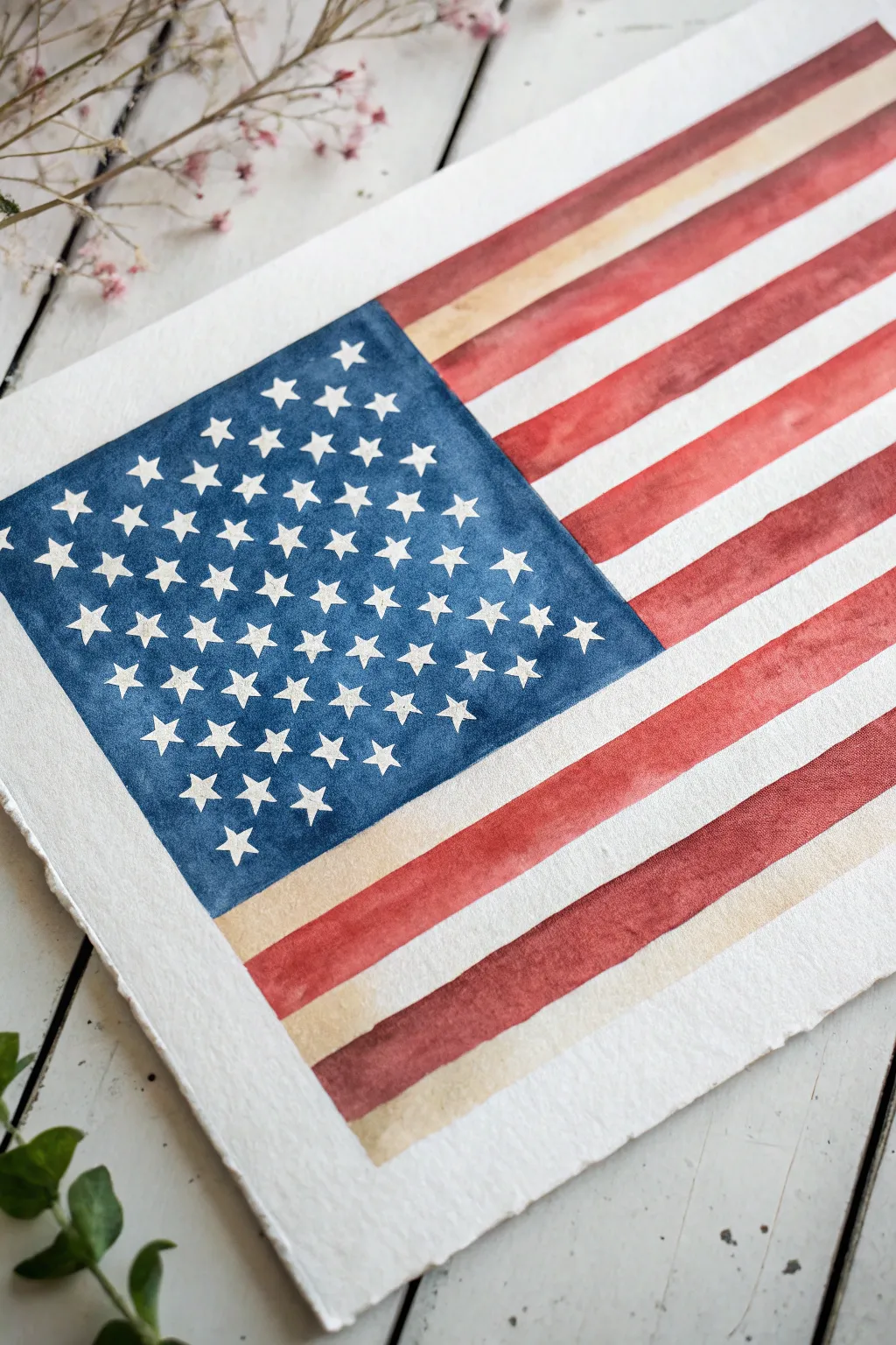 Easy watercolor resist flag with crisp whites and dreamy red-blue washes, minimalist summer vibe