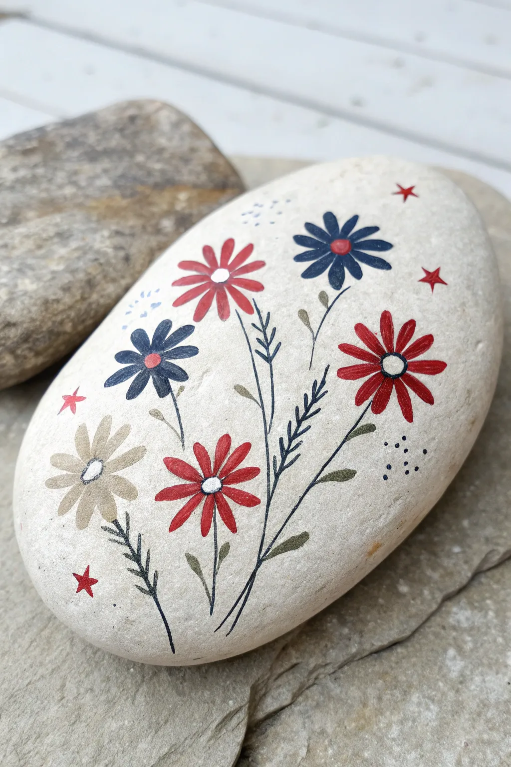 Minimal patriotic florals: red white and blue daisies with tiny star centers on a smooth rock