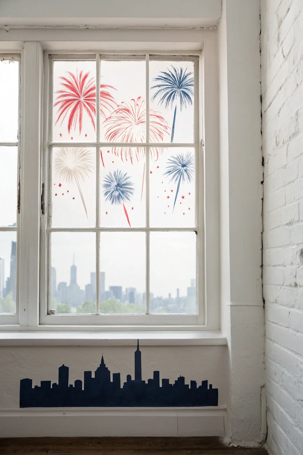 Minimal window painting with dark cityline and airy red white blue watercolor fireworks
