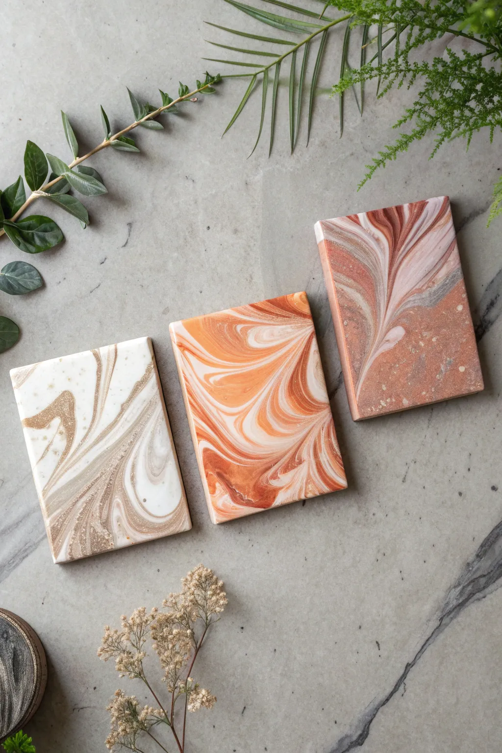 Mini canvases with glossy acrylic swipe pours in soft boho neutrals and crisp negative space
