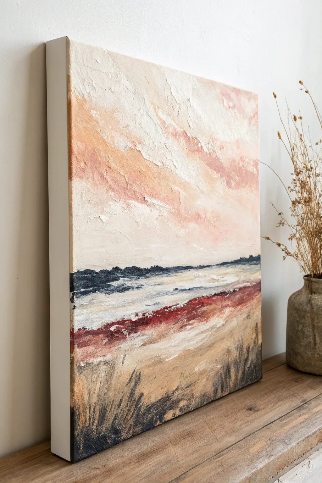 Airy negative-space abstract acrylic with a bold corner cluster and calm Scandinavian contrast