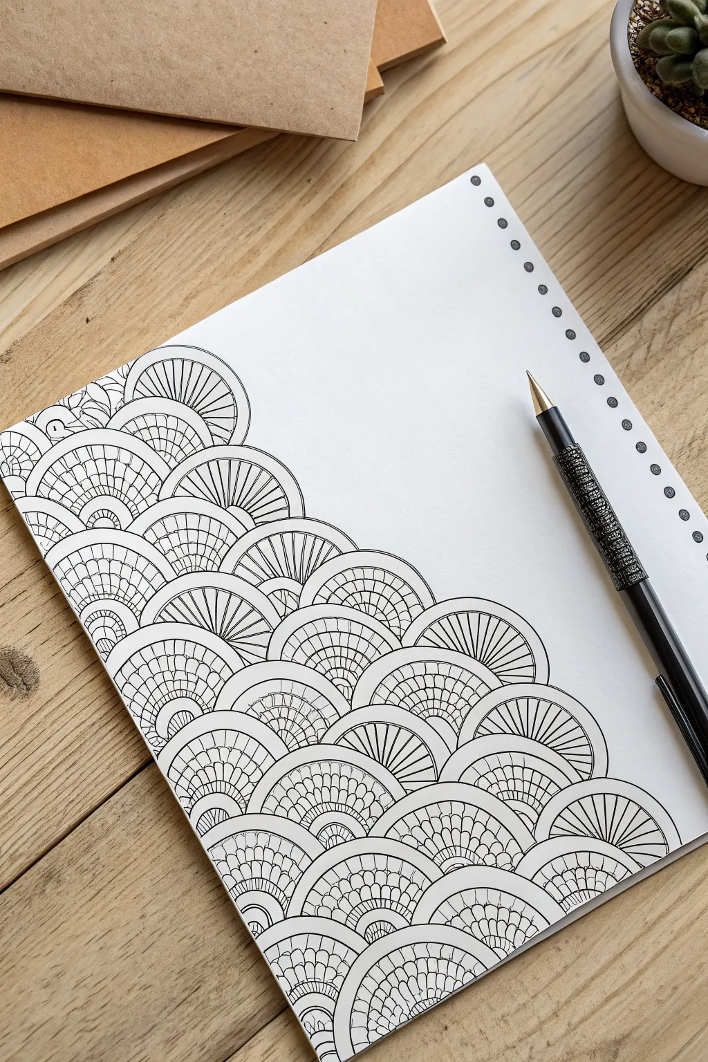 High-contrast ink Zentangle patterns on white paper for minimalist, boho-inspired abstract art