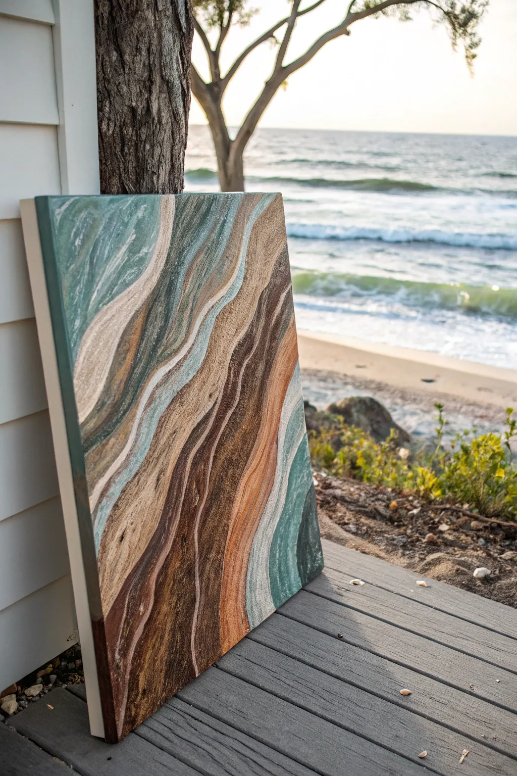 Nature texture abstraction in oils, earthy neutrals with subtle color pops and a simple swatch.