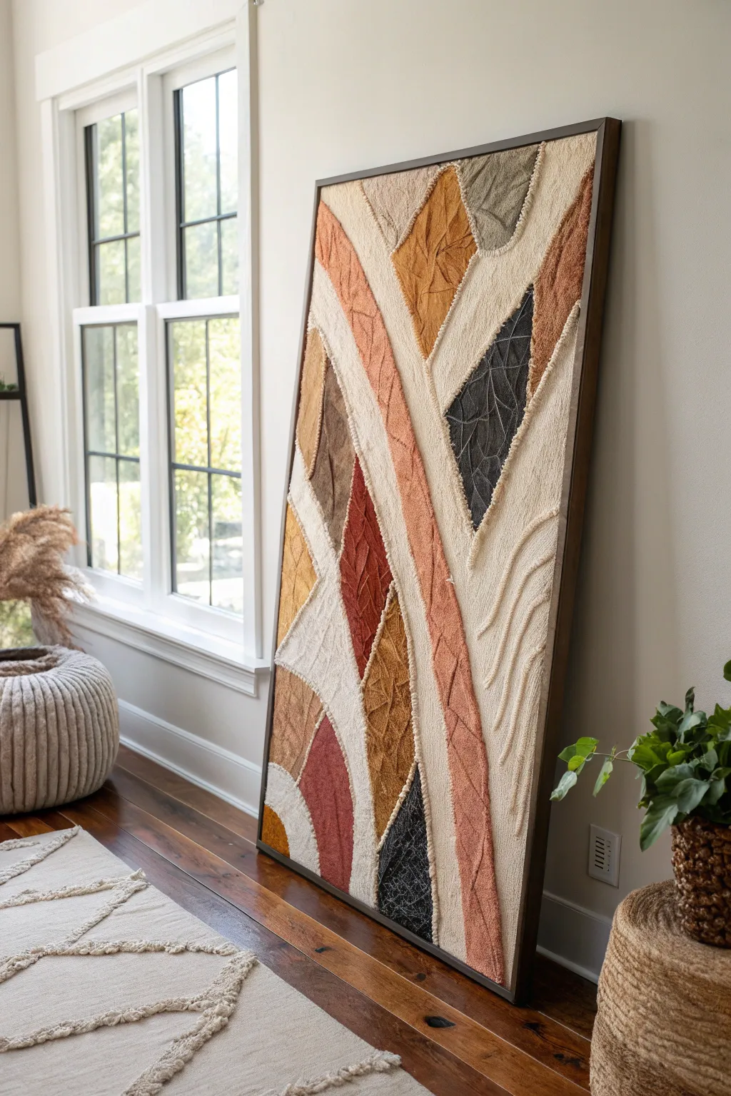 Textile-inspired abstract mixed media that echoes your rug for a calm, crafted living room.