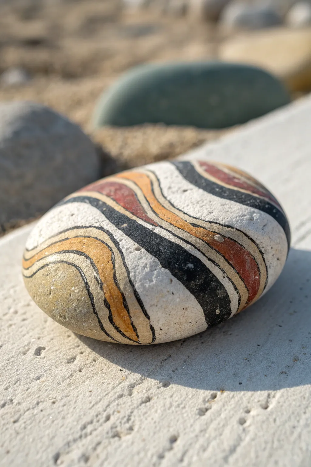 Textured abstract rock with gritty paint beside a smooth stone for contrast and calm vibes.