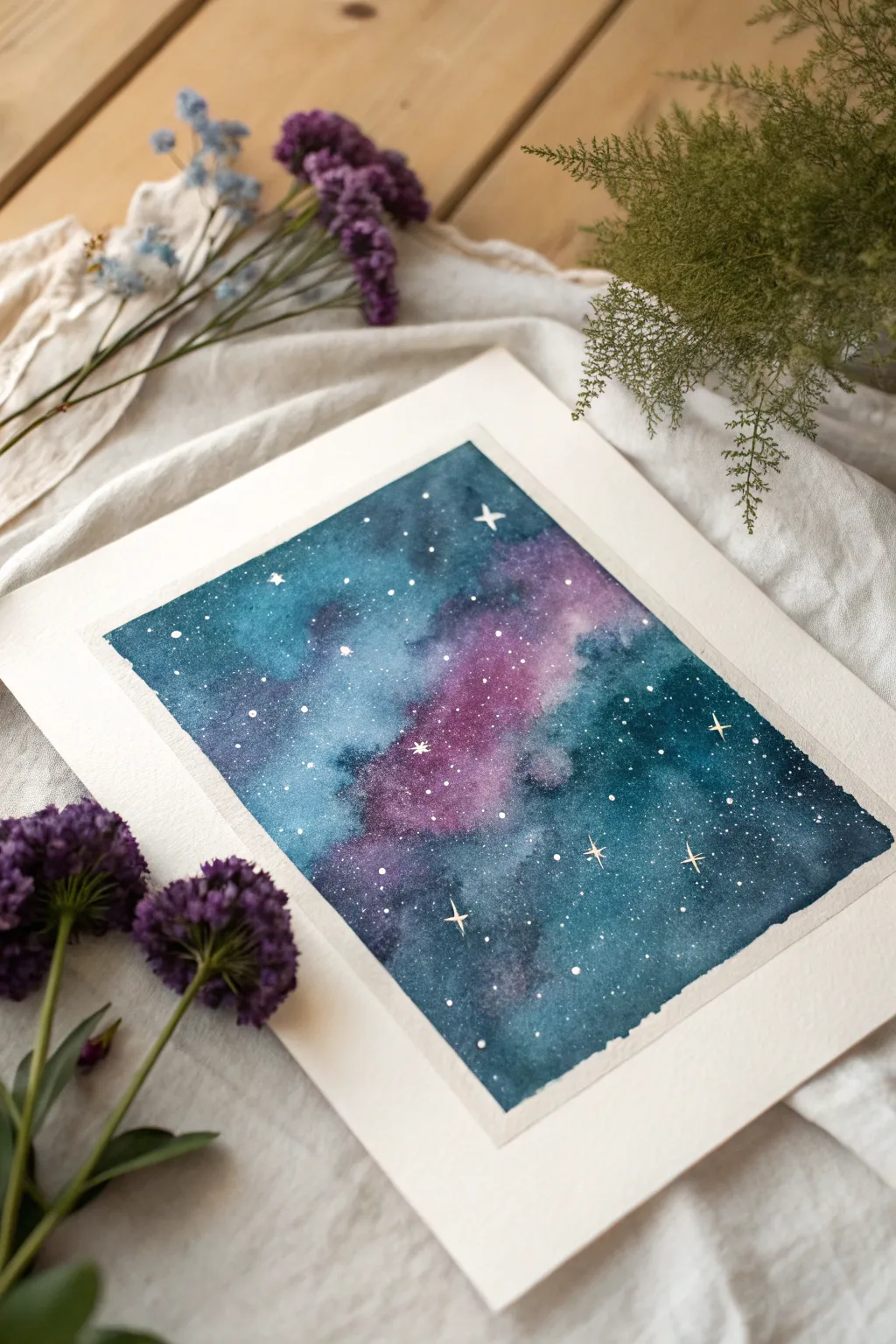 Salt-sprinkled watercolor galaxy close-up with sparkling granulation and dreamy deep pigments