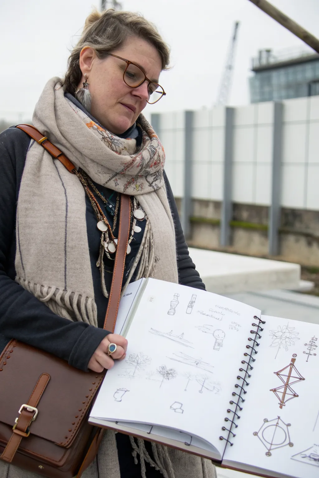 Character turnaround sketch showing layered scarf, necklace, and bag strap with clear overlap arrows