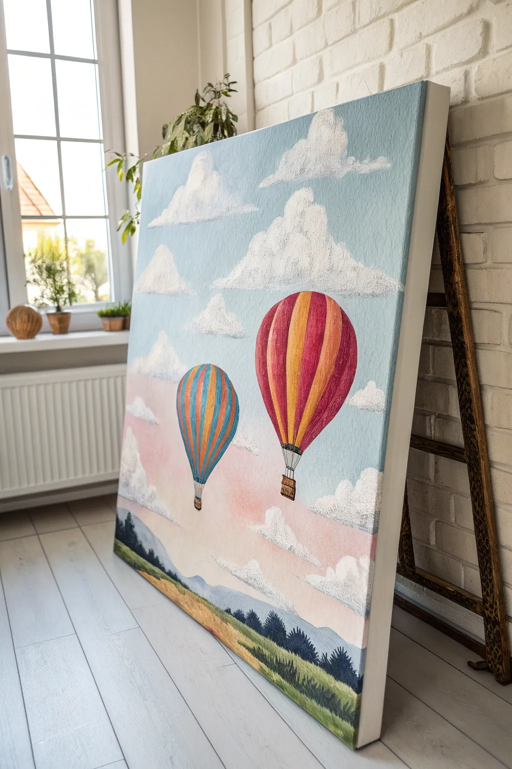 Minimalist acrylic canvas: bold hot air balloons drifting through soft pastel clouds