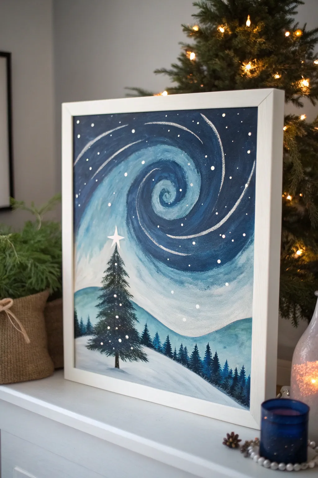 Swirly Christmas sky acrylic painting with bright stars and a simple tree silhouette