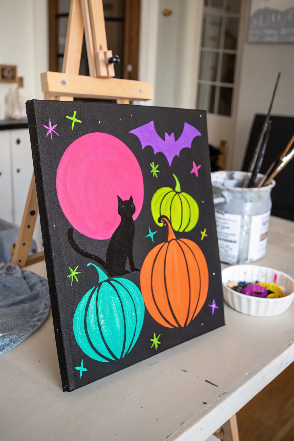 Neon pop acrylic Halloween icons glowing on matte black for a chic minimalist Boho vibe