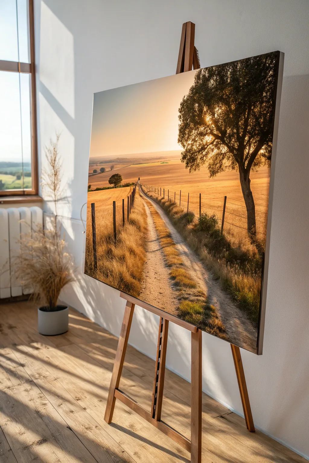 Golden hour acrylic landscape with warm fields and long diagonal shadow shapes for minimalist drama.