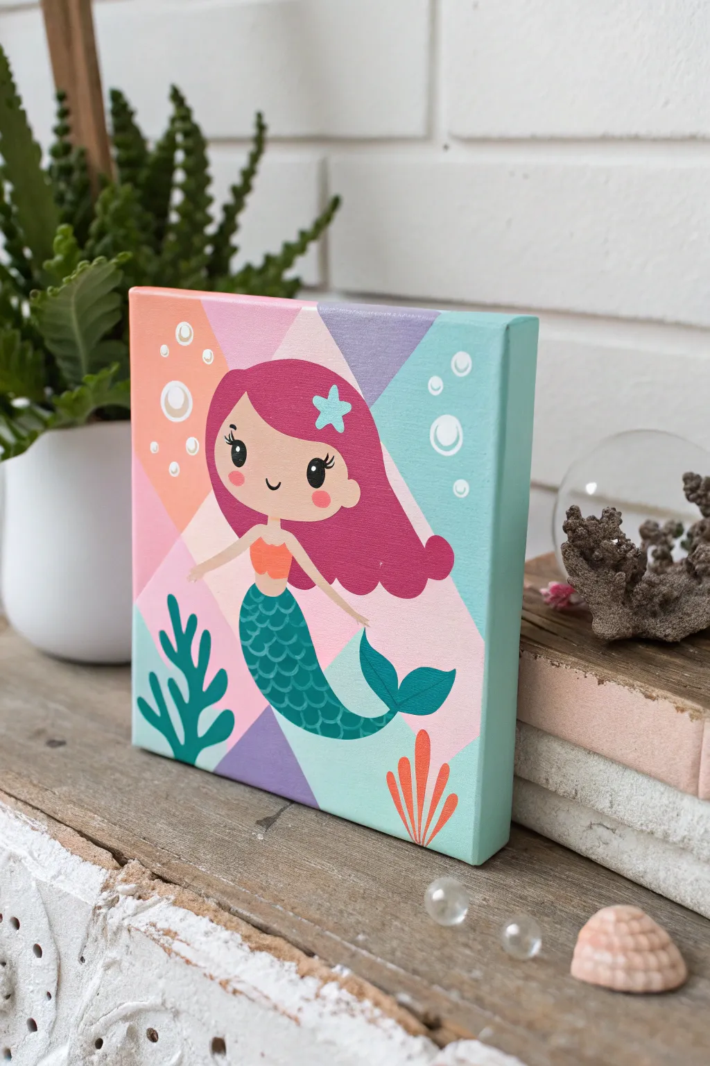 Whimsical cartoon mermaid in bold color blocks, a playful acrylic painting idea to copy
