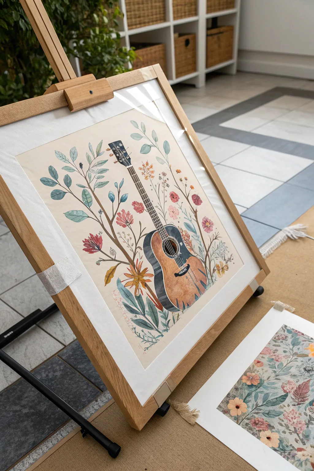 Acrylic mashup: guitar body flowing into piano keys in calm Nordic tones with boho warmth