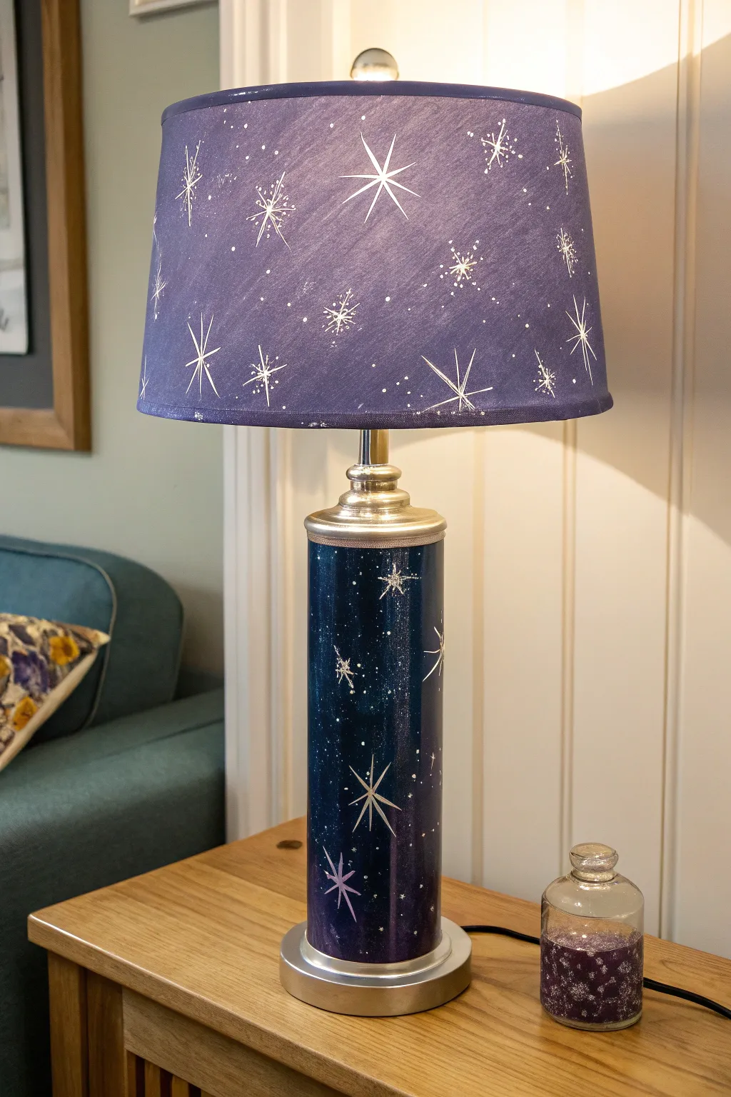 Create a glowing night-sky lampshade with acrylic star splatter and hand-painted bursts.