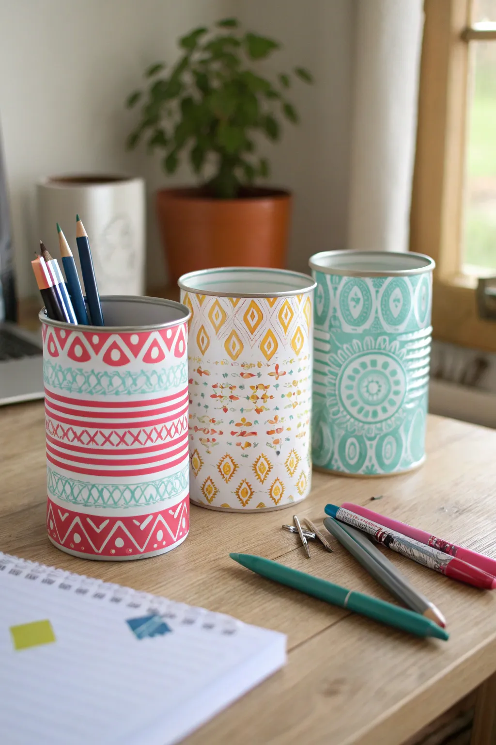 Upcycled tin cans become bold paint-pen desk organizers in a clean Scandinavian workspace.