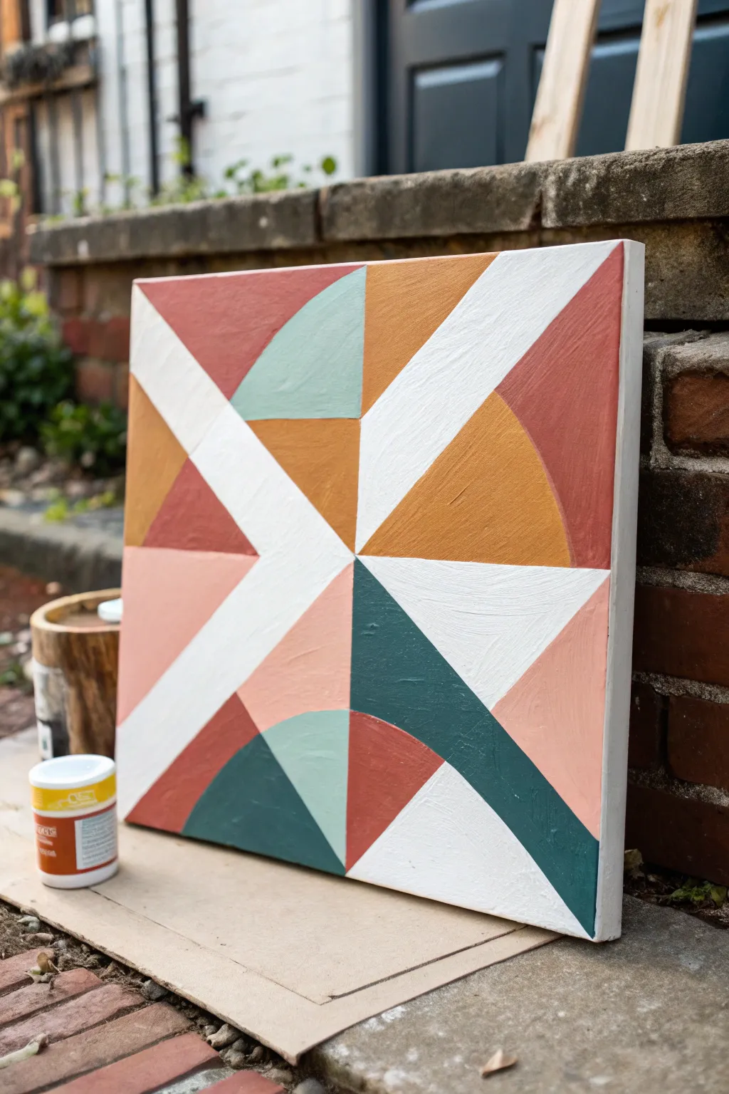 Bold geometric acrylic shapes with ultra crisp tape lines in a minimalist boho palette.