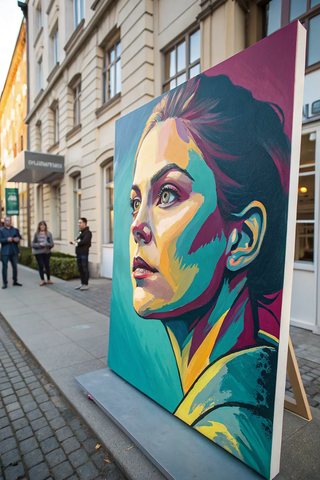 Technicolor acrylic portrait: turquoise shadows, magenta midtones, and bright yellow highlights.