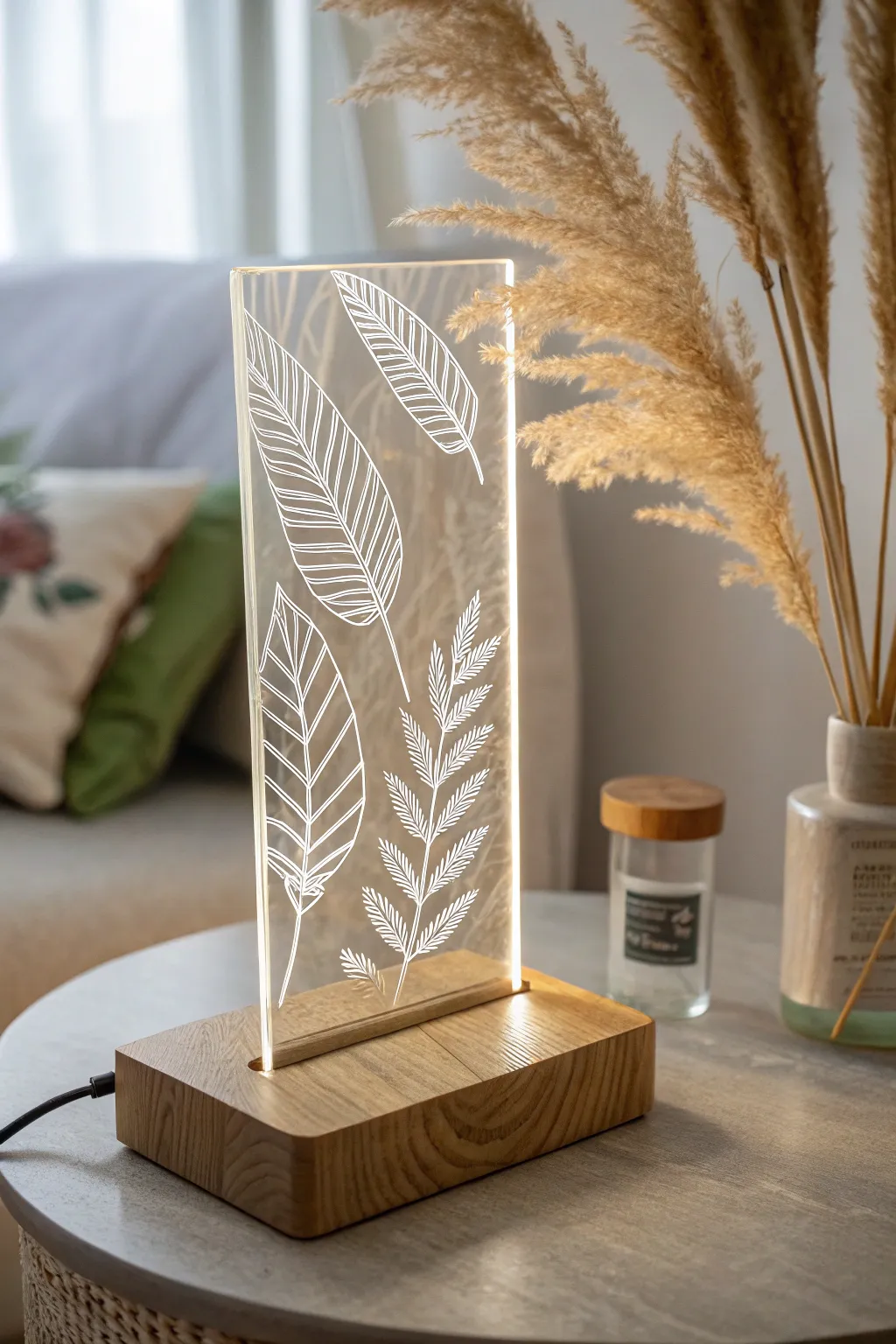 Edge-lit acrylic night light panel glowing along etched lines in a cozy minimalist boho nook