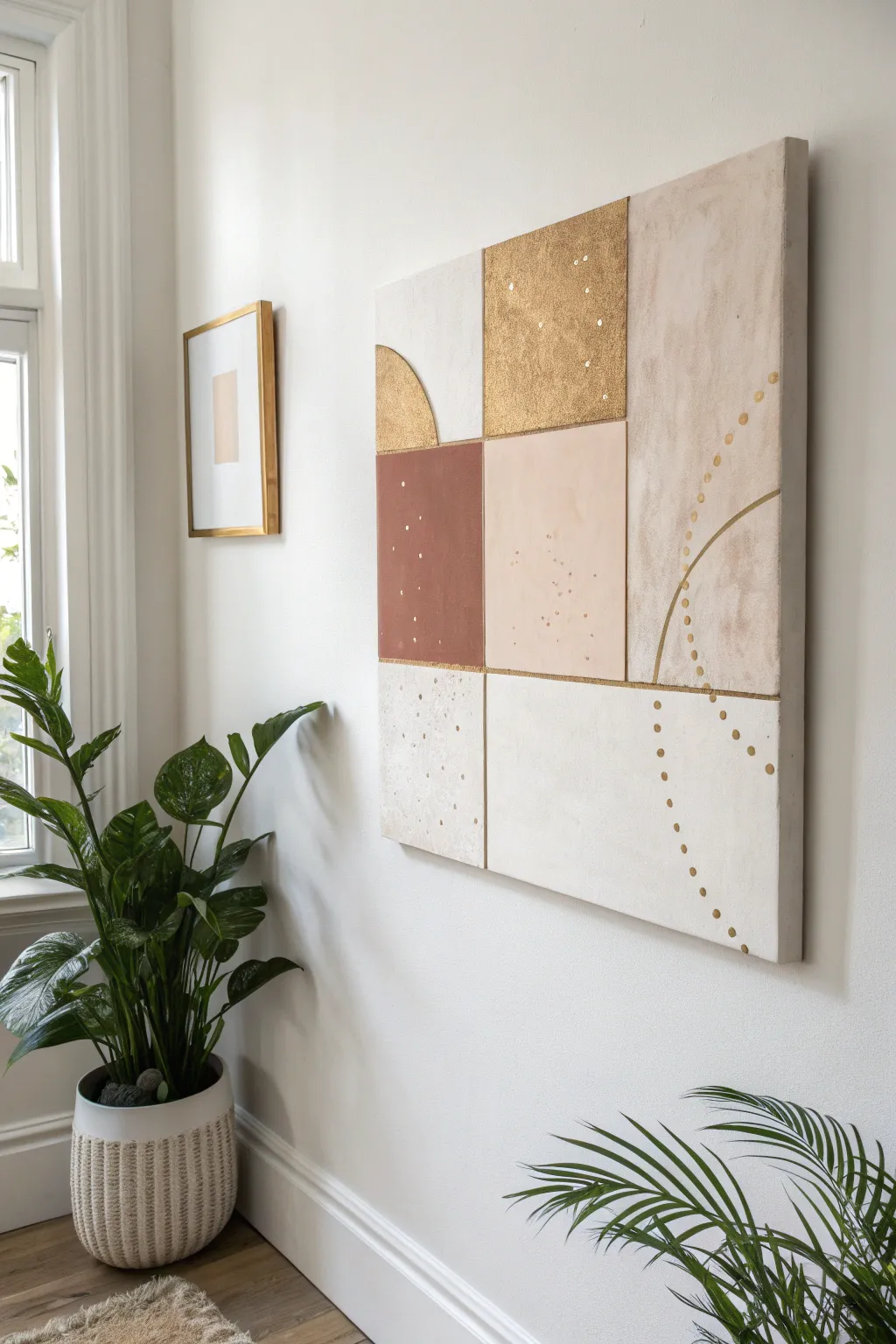 Minimalist acrylic wall art with delicate metallic gold details for an elegant luxe pop.