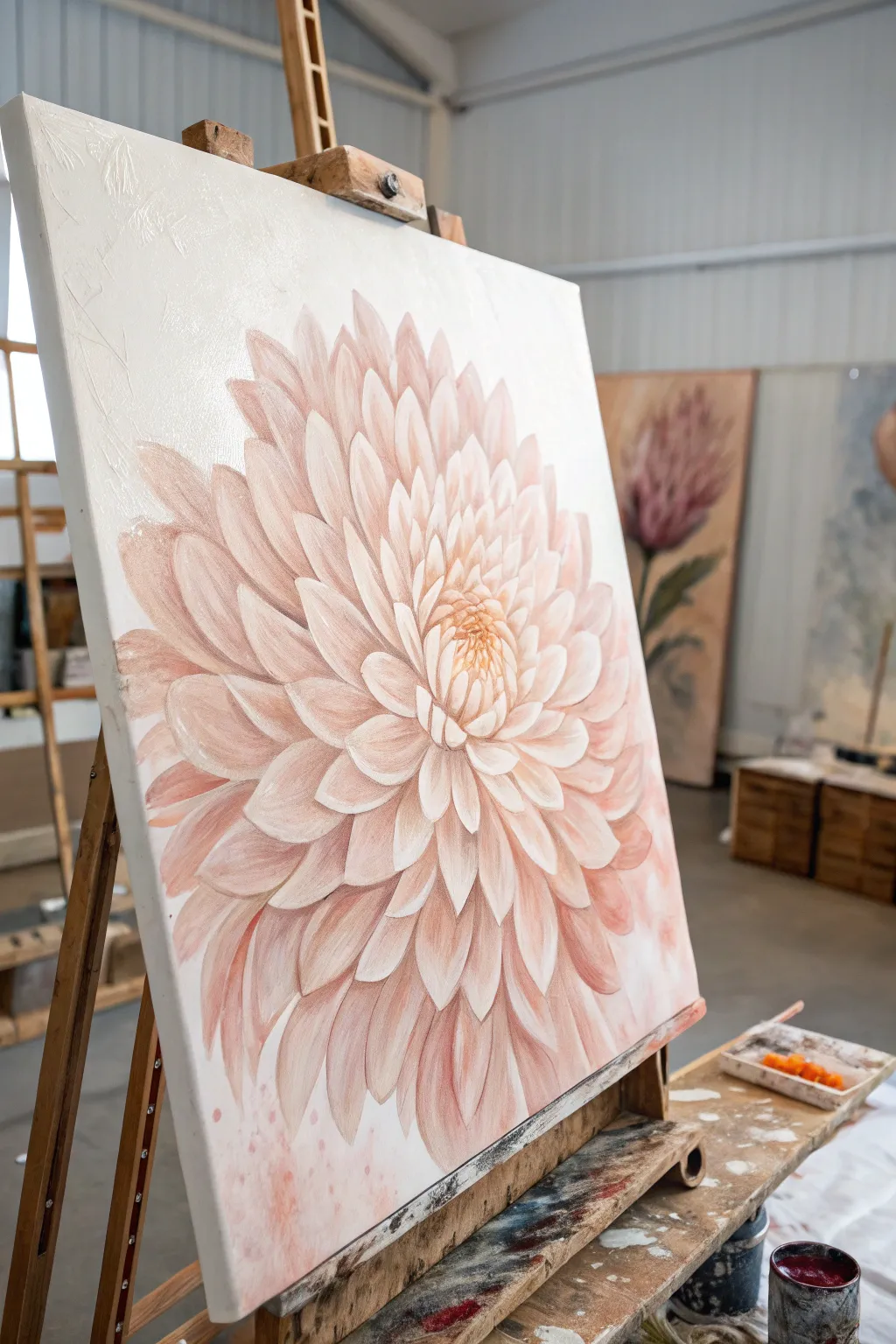 Advanced negative space acrylic: serene canvas with one textured bloom burst as the focal point