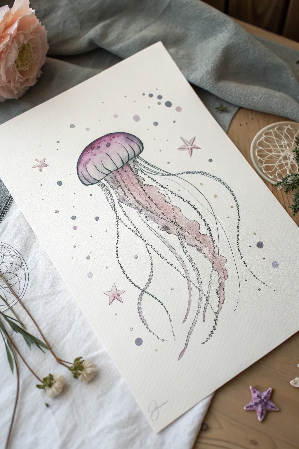 Dreamy jellyfish sketch drifting through starry space, soft pastel shading and minimalist sparkle.