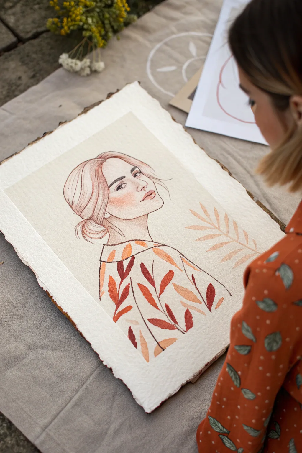 Minimalist color-palette portrait: peach, rust and cream for hair, blush and outfit.