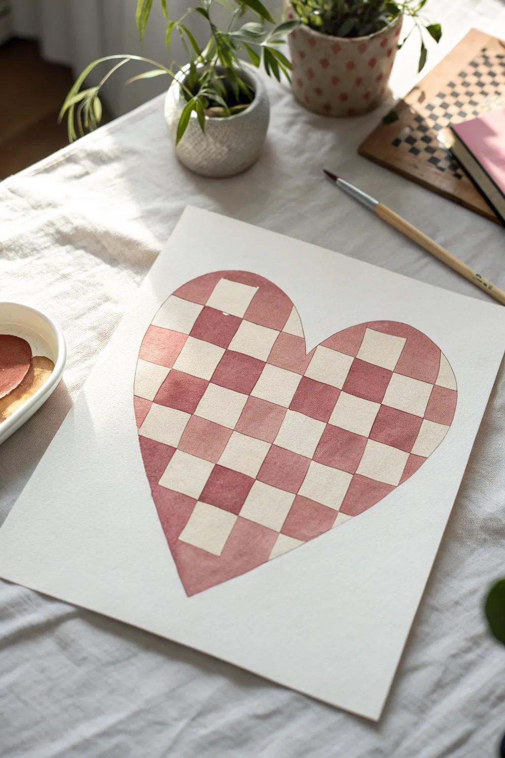 Retro checkerboard heart in blush and cream with crisp edges, high contrast, minimalist Scandi vibe