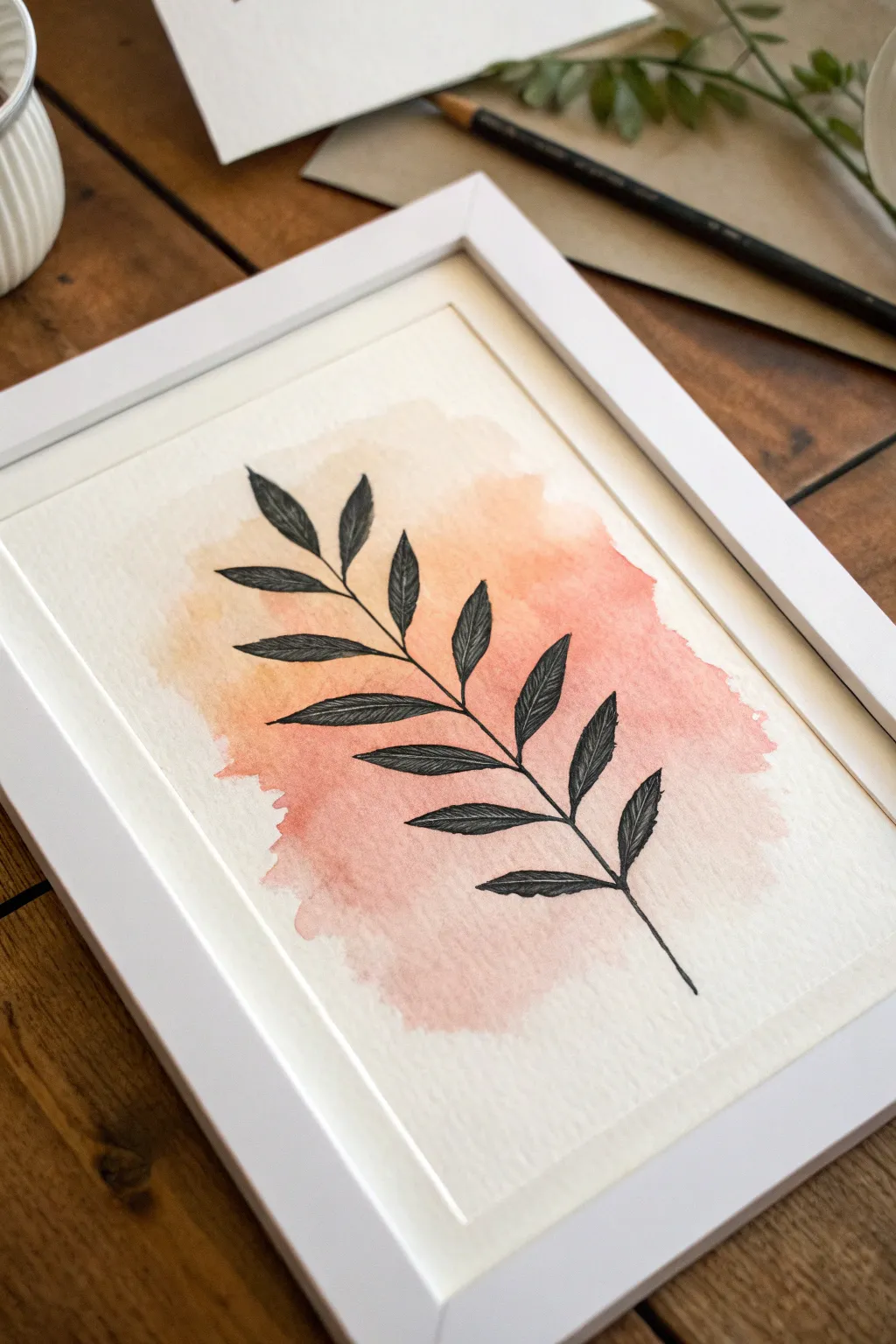 Minimal botanical silhouette over blush and beige washes for a calm, modern watercolor look