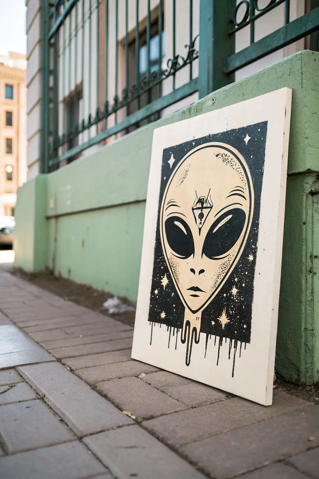 Minimal alien graffiti face with bold shapes and expressive drips for edgy, modern painting ideas