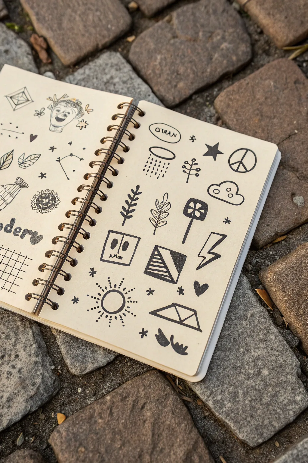 Vent art collage page with scribbles, symbols, and a tired face in minimal boho style