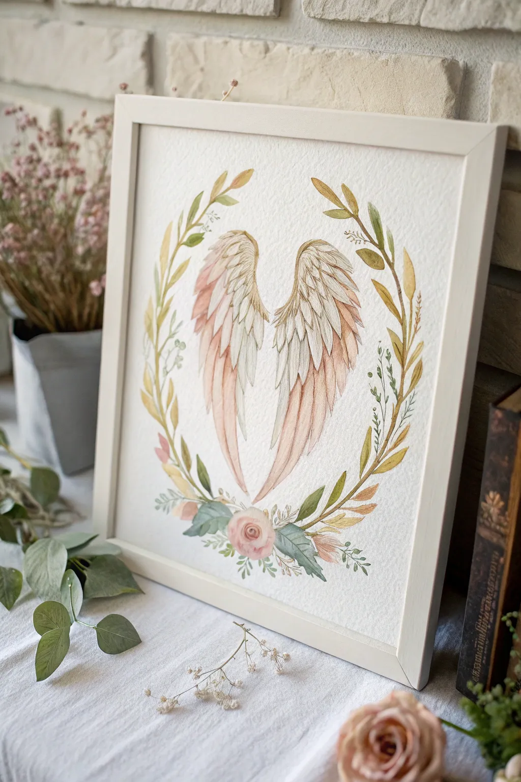 Ethereal angel wings framed by airy florals, minimalist boho palette with luminous center.