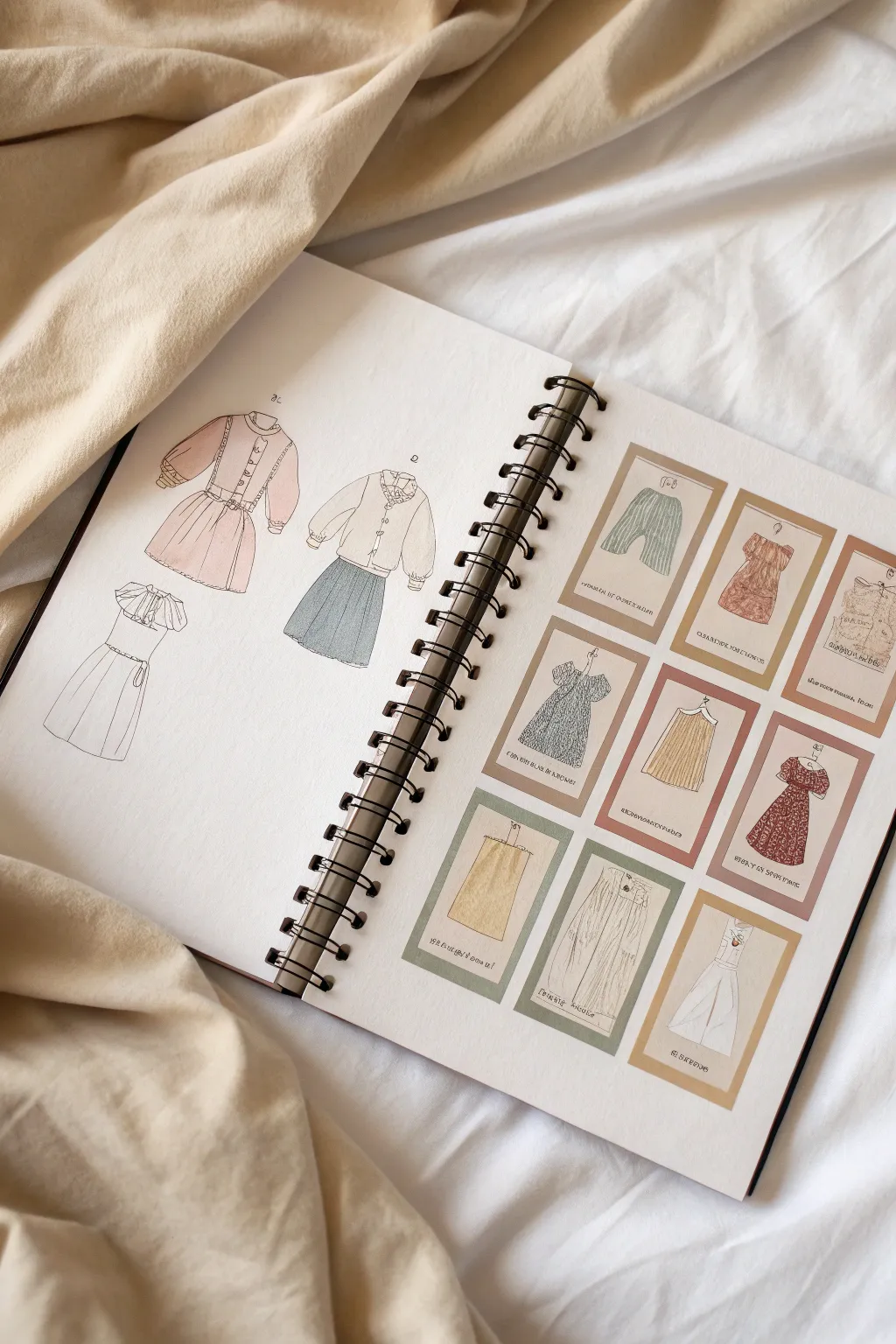 Eight anime outfit thumbnails split into pastel vs muted neutral palette families with matching swatches