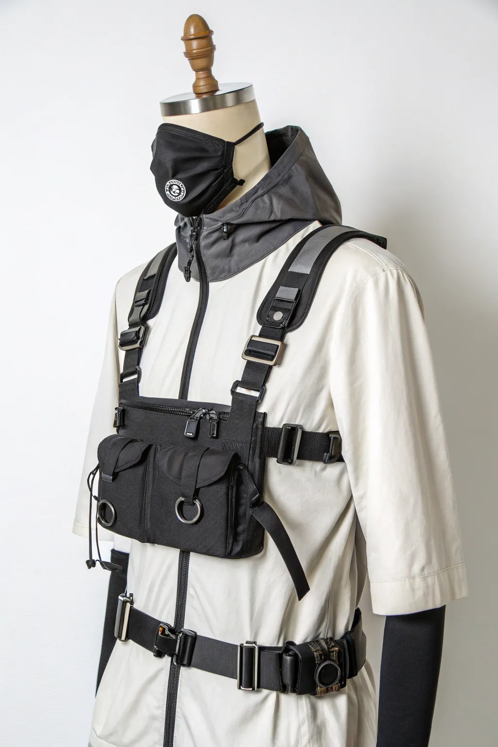 Minimalist techwear harness outfit with crisp straps and metal hardware for anime street style