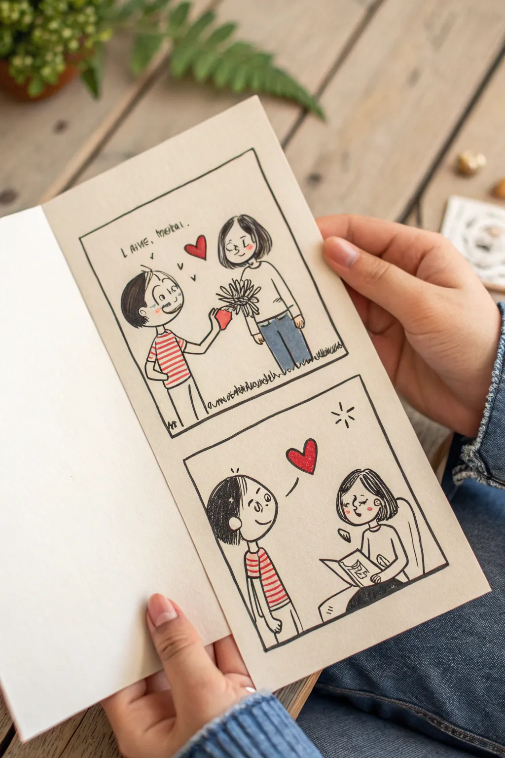 Minimal three-panel mini comic sketch idea showing support, relief, and gratitude in a sweet moment.