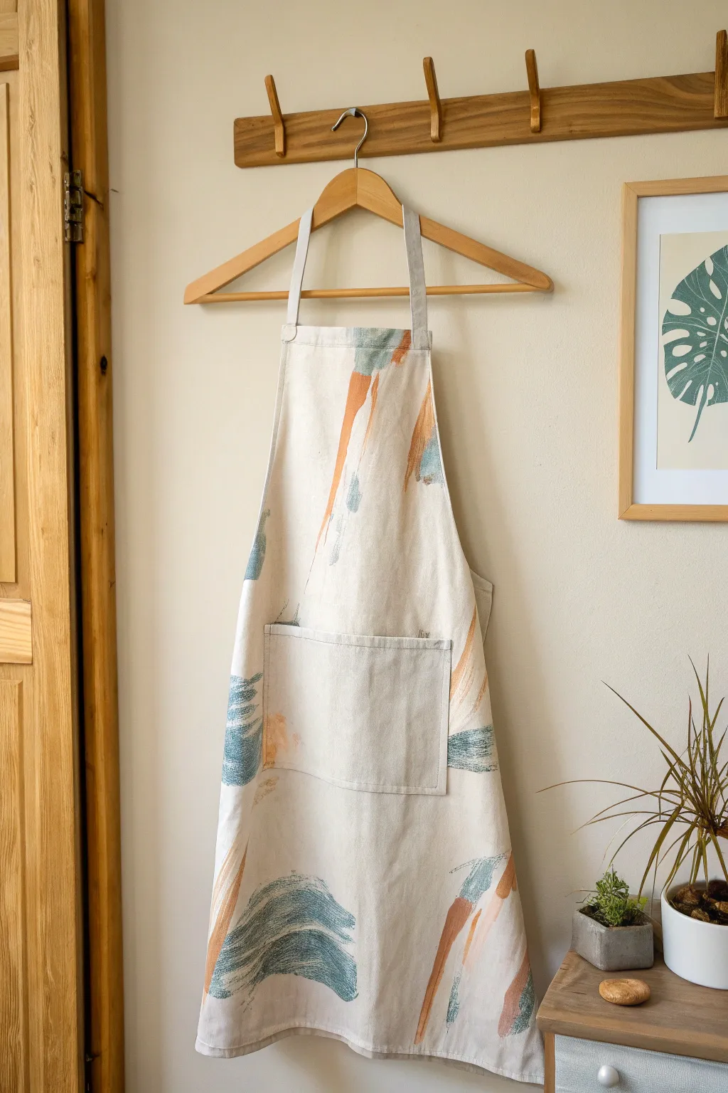 Painted canvas becomes wearable art: minimalist handmade apron with stitched ties and matching pocket.