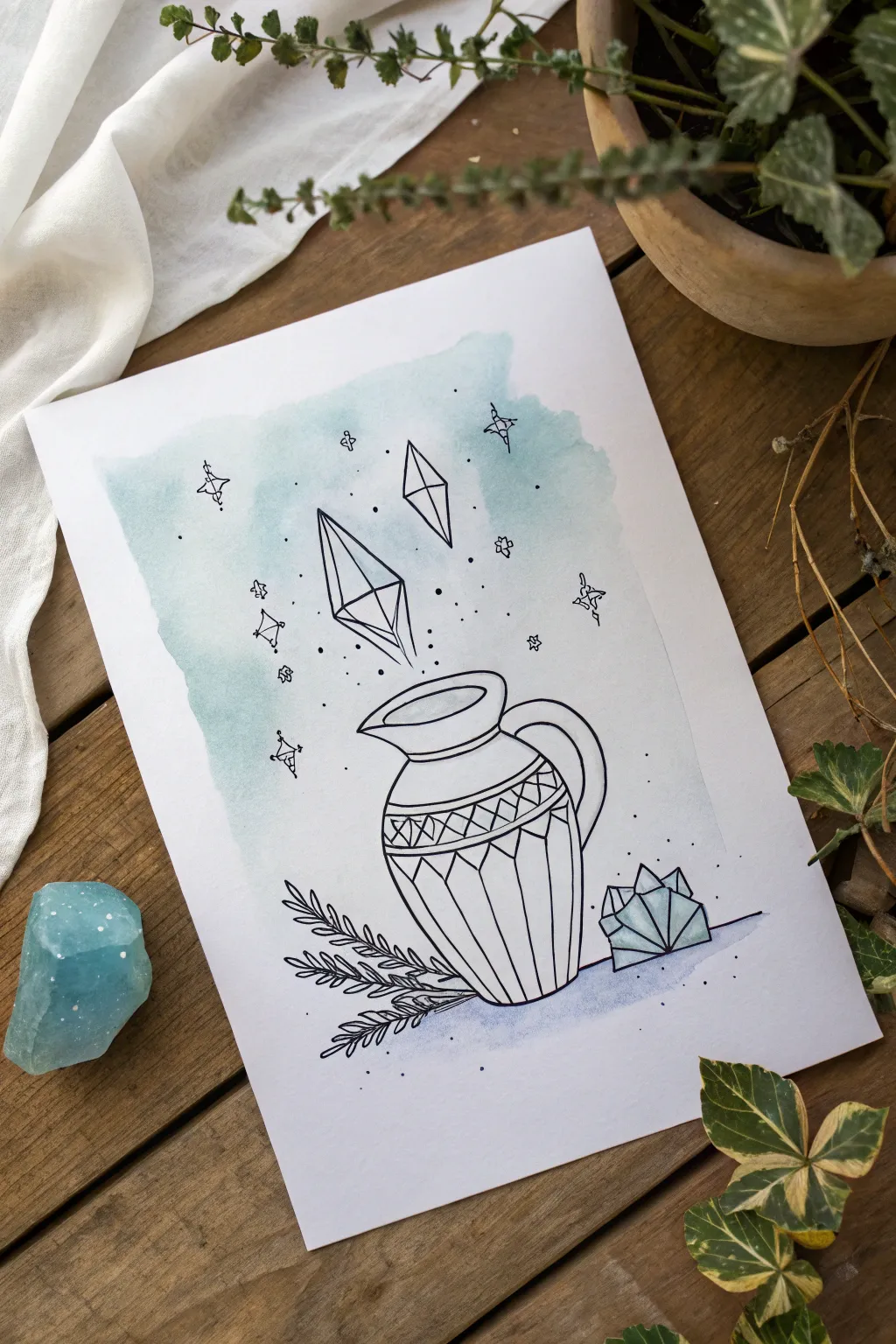 Modern Aquarius artwork with crystal geometric water flow from a minimal urn, clean and calming