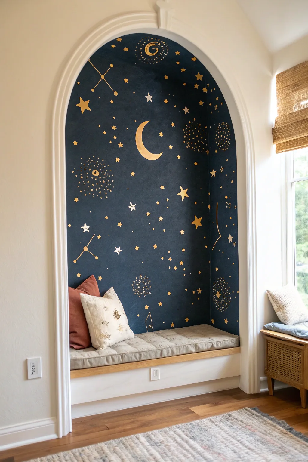 Midnight celestial arch with tiny stars and moons, a minimalist night-sky portal for a calm nook