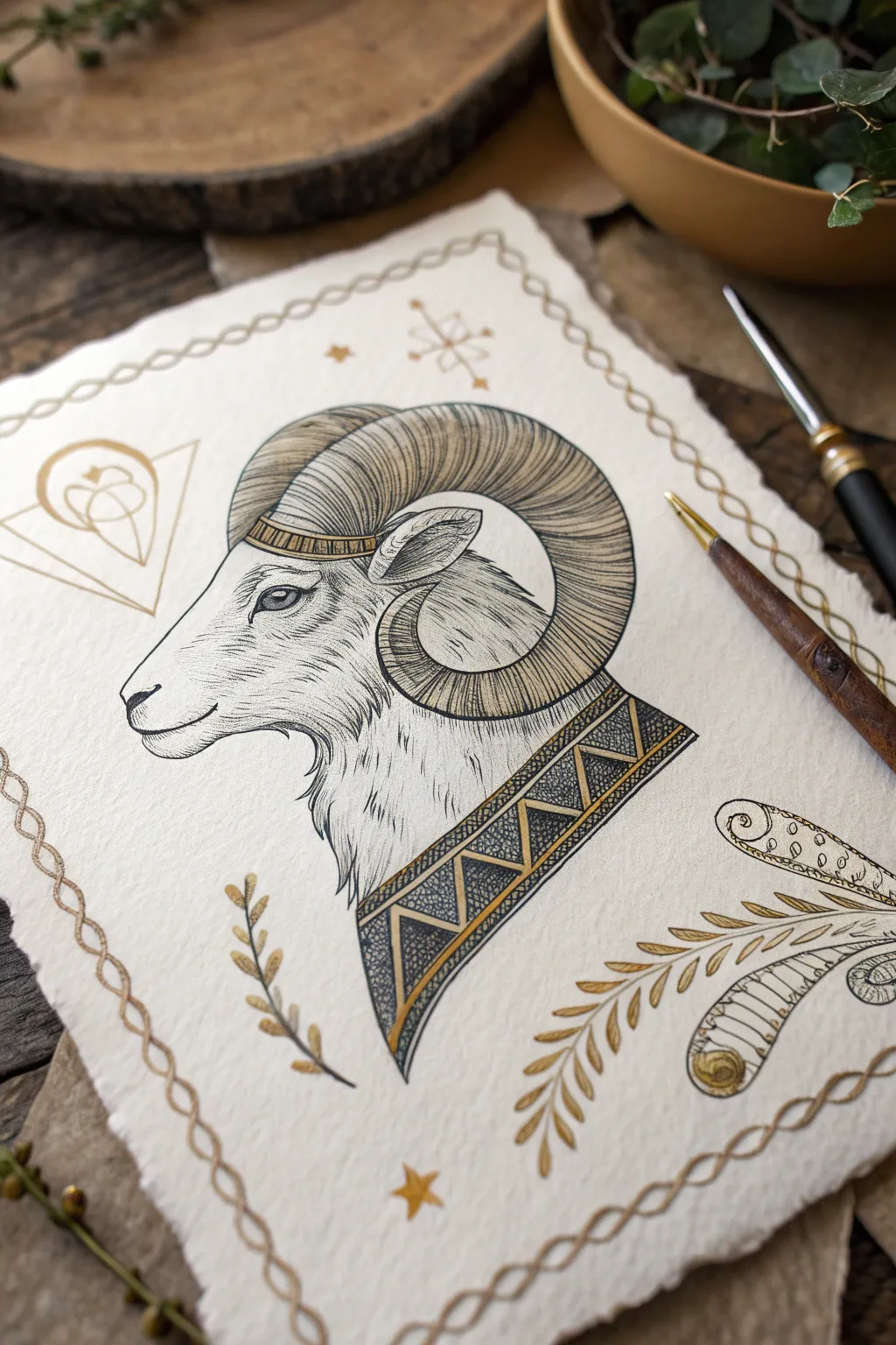 Aries warrior ram concept in clean ink lines and warm boho accents, bold horns and calm minimalism