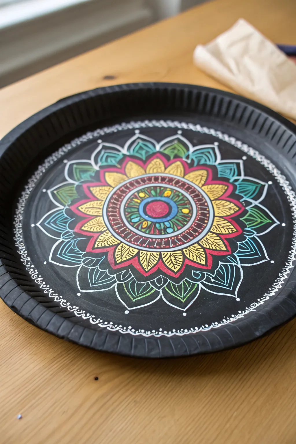 Create scratch-art mandala plates with bold hidden color, perfect for a calm boho art club.