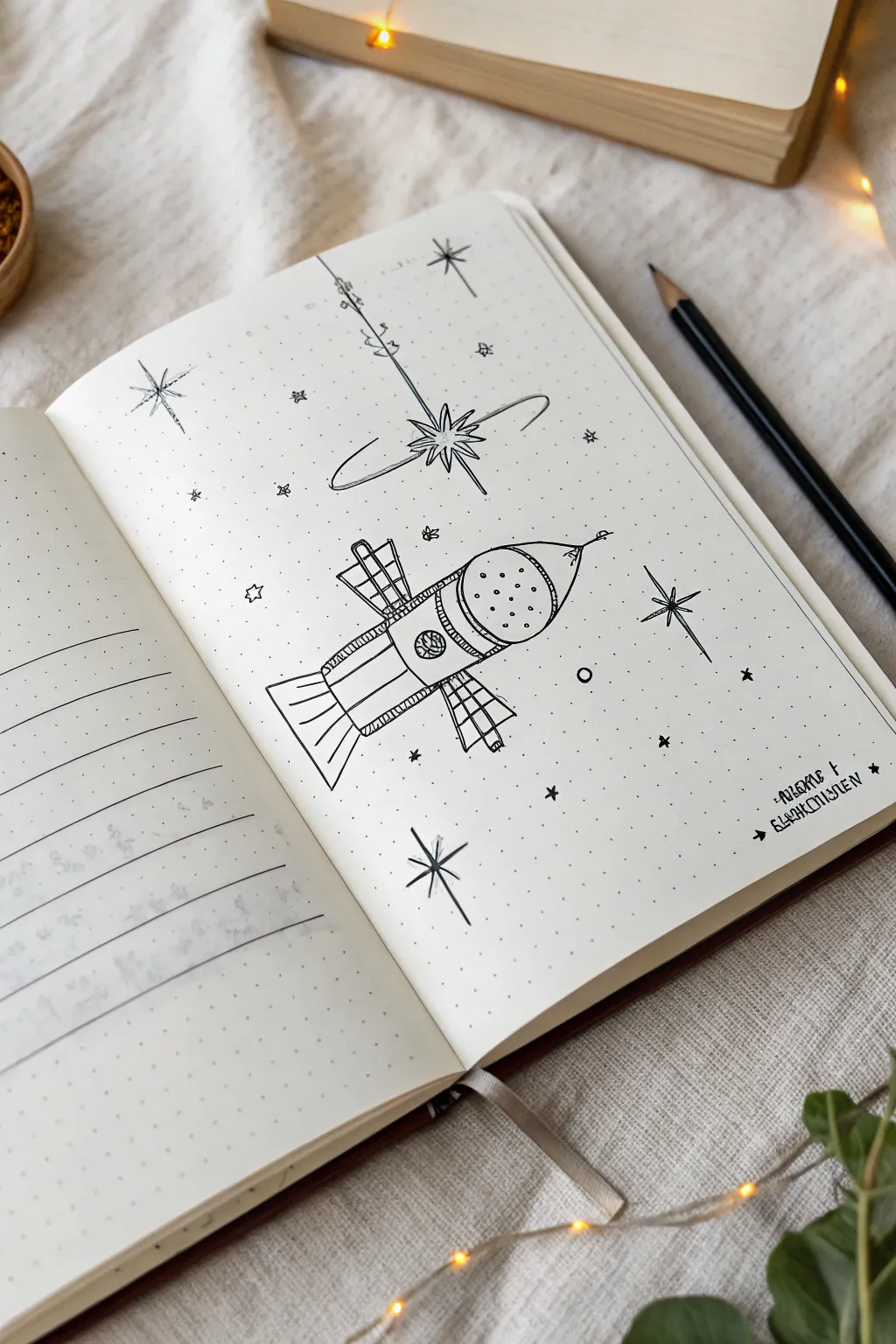 Minimal space probe sketch notes with tiny arrows and calm whitespace for astronomy drawing ideas