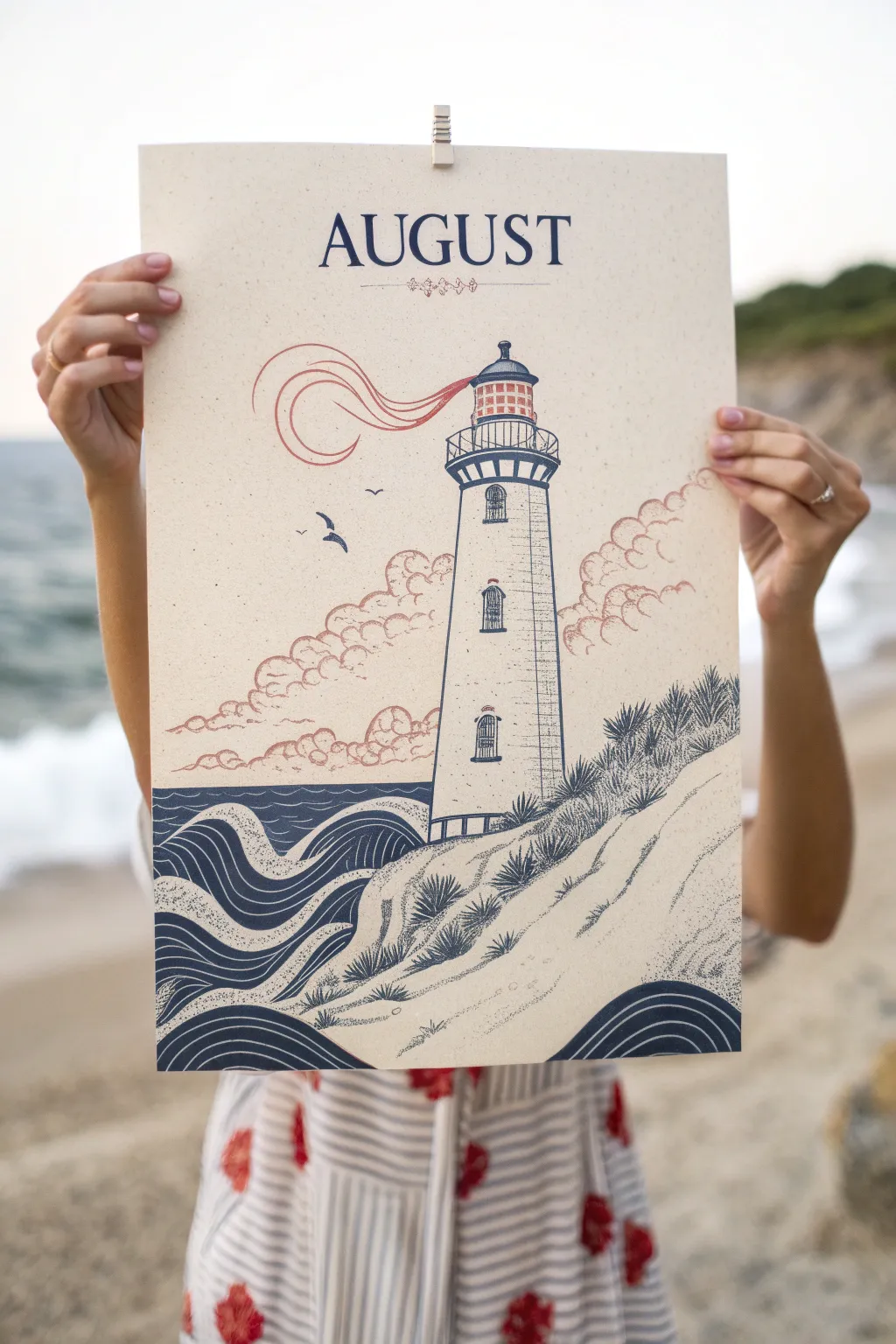 Minimalist coastal lighthouse drawing with wave frame, perfect for August sketchbook pages.