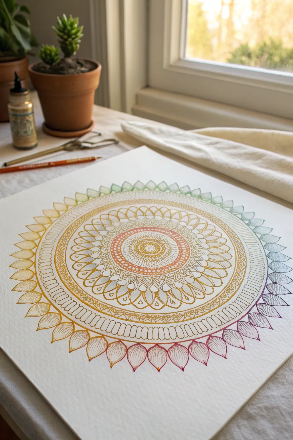 Autism-inspired mandala made of repeating infinity loops, calm rainbow fade flowing into gold