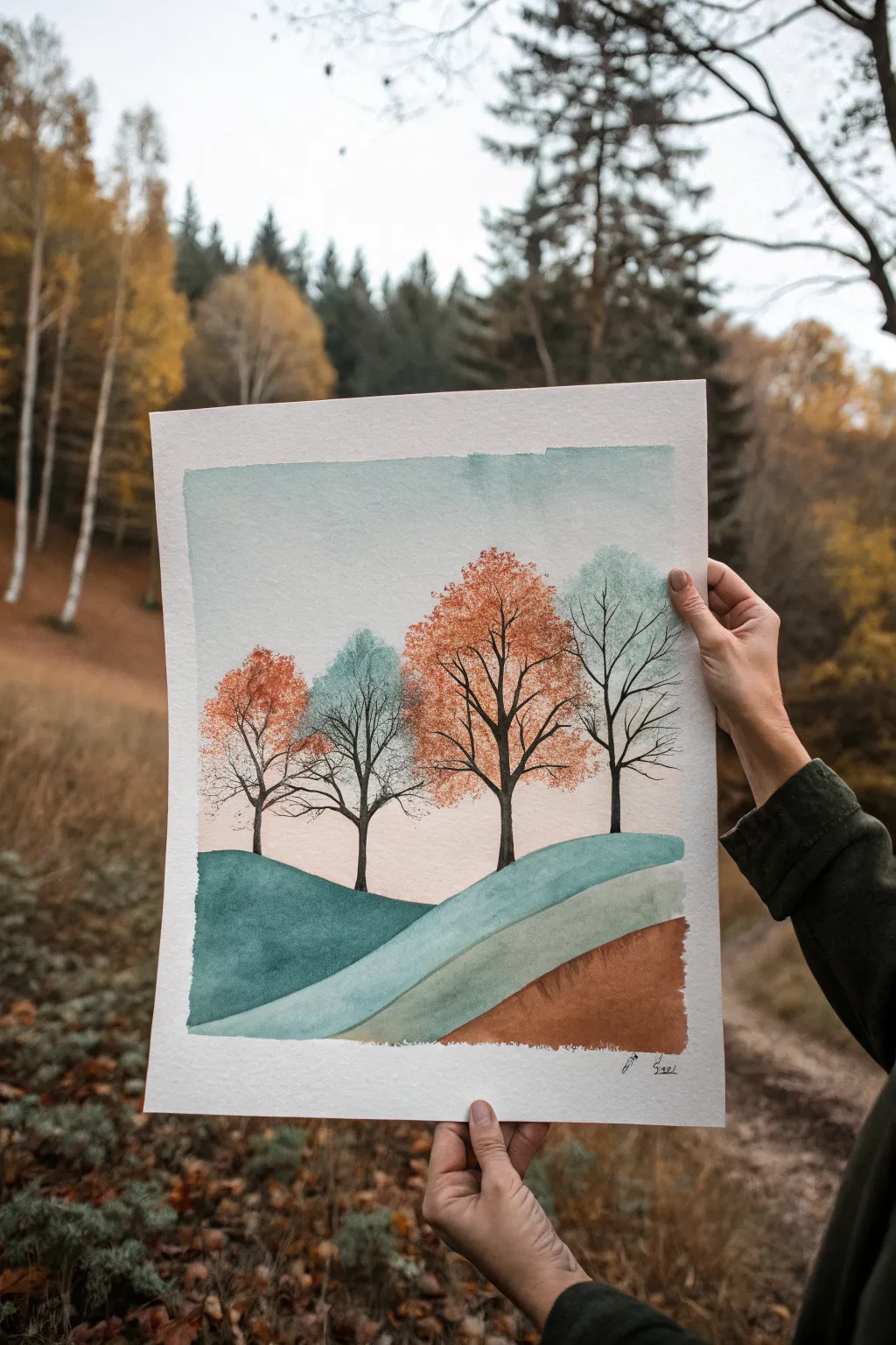 Paint a minimalist autumn hillside using just three colors for bold, calming contrast.