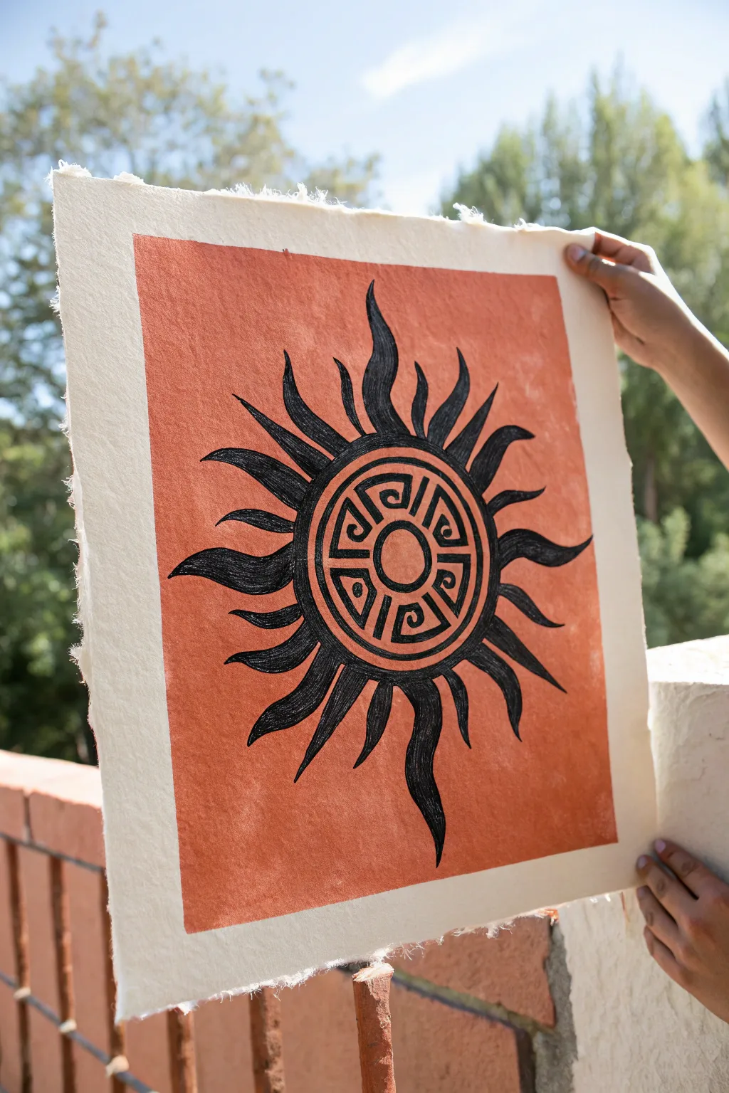 Bold minimal Aztec sun glyph in black linework on terracotta for modern Scandinavian boho style