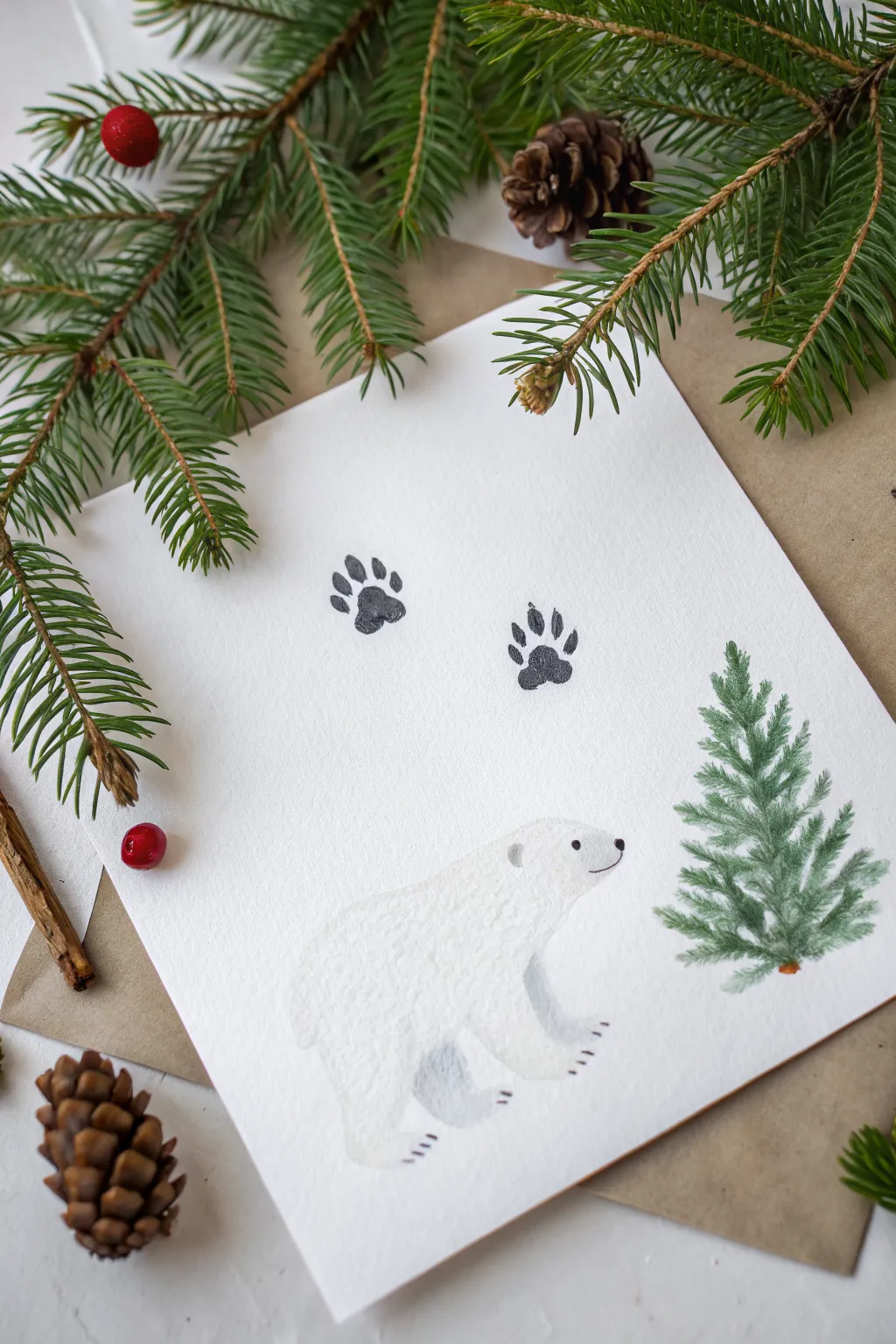 Paint a polar bear from a baby handprint on icy blue paper, with a tiny evergreen beside it